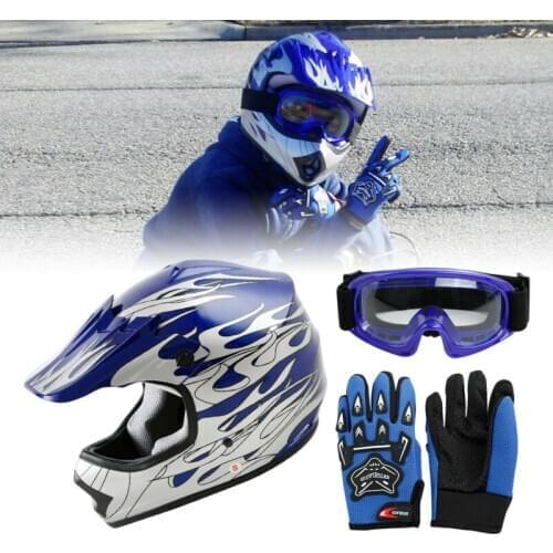 Youth Kids Dot Blue Flame Dirt Bike ATV Motocross Off-Road Helmet W/ Goggles Gloves S/M/L/XL