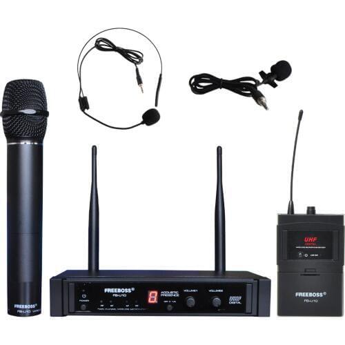 Freeboss FB-U10H Dual Way Transmitter Digital UHF Wireless Microphone with handheld + Lapel + Headset microphone for Karaoke mic