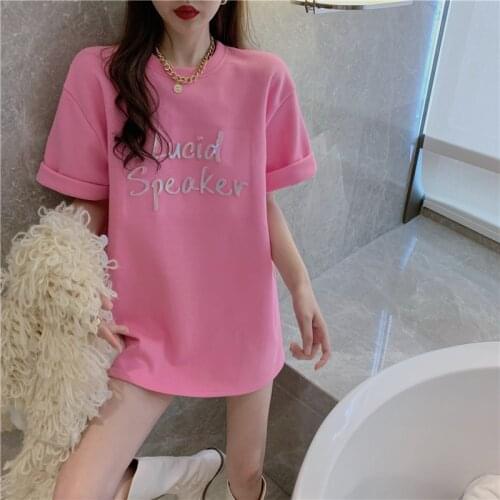 Popular News Female T-Shirt Loose Pink Letter Womens Wear Short Sleeve Casual Summer Student Girl T-Shirt Fashion Jacket Base