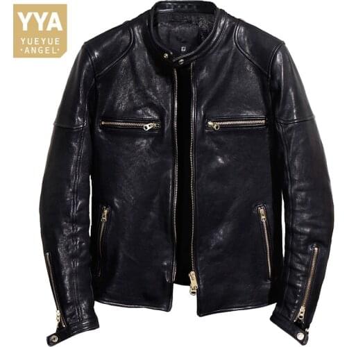 Italian Designer Men Zippers Genuine Leather Jacket Natural Sheepskin Vintage Outwear Coat Slim Stand Collar Motorcycle Jackets