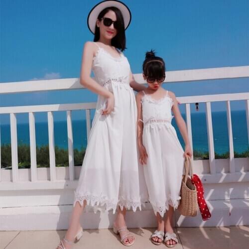 2020 new Fashion Family Matching clothes Pants Rompers White Sexy Mother Daughter Long Wide Pant Lace Elegant Family Outfits