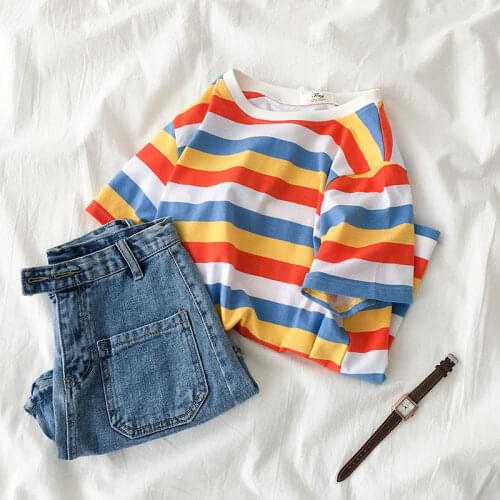 Summer Suit Female Korean Version Ins Student Striped Loose Short-sleeved T-shirt + Short Denim Shorts Patns Two-piece Suit