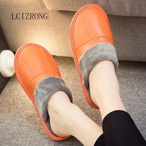 LCIZRONG Warm Genuine Leather Women Slippers Unisex Indoor Non-slip Flat Home Shoes Mens And Womens Winter Plush Floor Shoes