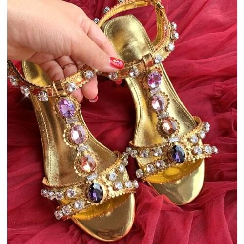 Summer new style Casual Designer fashion womens sandals Gold patent leather crystal Jewelry studded Mid high Heels chunky shoes