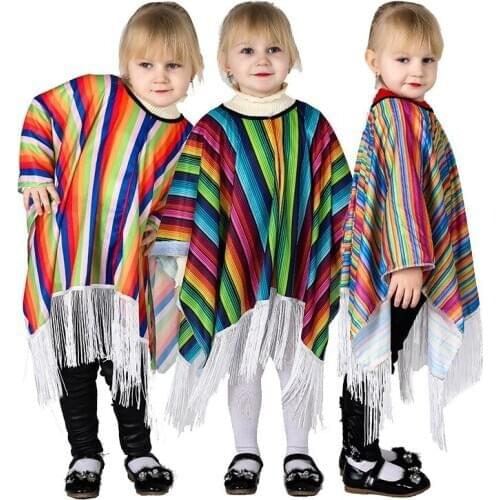 Mexico Man Multi-color Rainbow Cloak Halloween Party Carnival Cosplay Costumes Fancy Striped Cape Dress 90x90cm