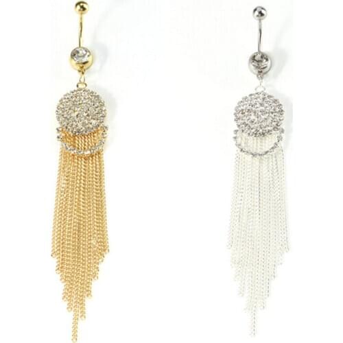Trendy Long Tassel Belly Button Ring with Rhinestone Round Pendant Surgical Steel Navel Piercing Bell Stud Body Jewelry 1pcs