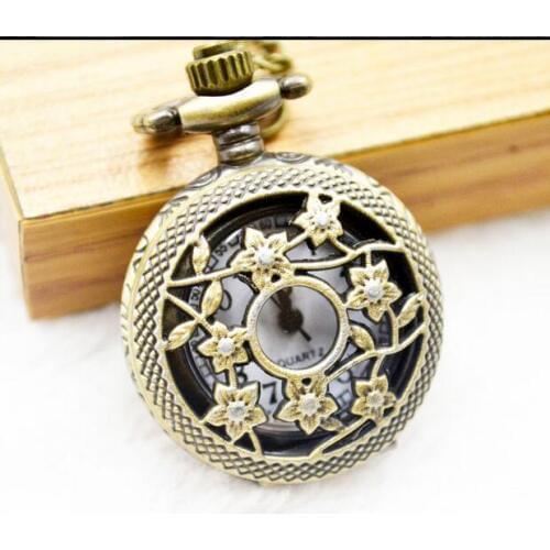 New Bronze antiques Hollow flowers quartz woman and girl gift mini pocket watches chain PBO258