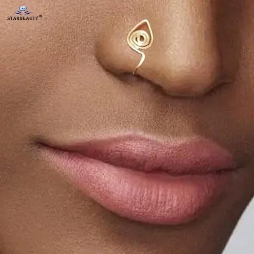 2Pcs New Flexible Trendy Spiral Nose Cuff Pins Gold Color Fake Nose Ring Stainless Steel Nostril Piercing Helix Ear Clip Jewelry