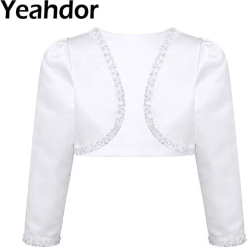 Girls Beaded Bolero Flower Girl Dresses Jacket Shrug Shawl Long Sleeve Coat Satin Open Front Cardigan Wedding Kids Wrap Cover Up