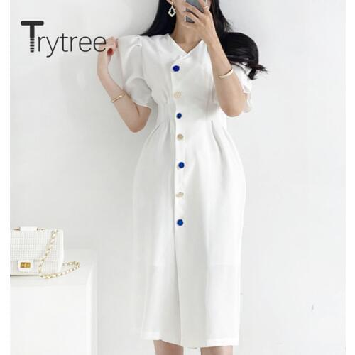 Trytree 2020 Summer women Casual Dress V-neck Solid 3 Color Single Breasted Fashion A-line Elegant Mid-Calf Office Lady Dress