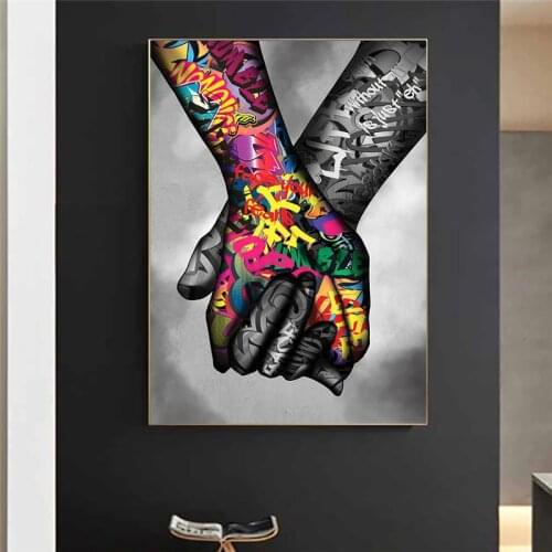 Pop Graffiti Art Holding Hands Victory Oil Painting on Canvas Wall Art Posters Prints Wall Pictures for Living Room Home Cuadros