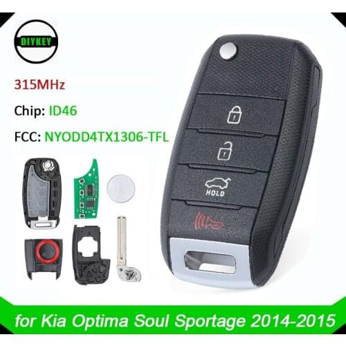 DIYKEY Flip Remote Uncut Key Fob 4 Buttons 315Mhz with ID46 Chip for 2014 2015 Kia Optima SOUL FCC: NYODD4TX1306-TFL