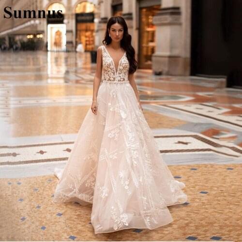 Sumnus Bohemian Wedding Dresses V Neck Long Sleeves Tulle Lace Appliques Boho Bridal Dress Princess Wedding Gowns Custom Made