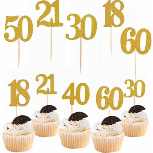 10/20pcs Birthday Number Cake Topper Glitter Gold 18 21 30 40 50 60 Years Old Cake Flag Happy Birthday Dessert Topper Decoration