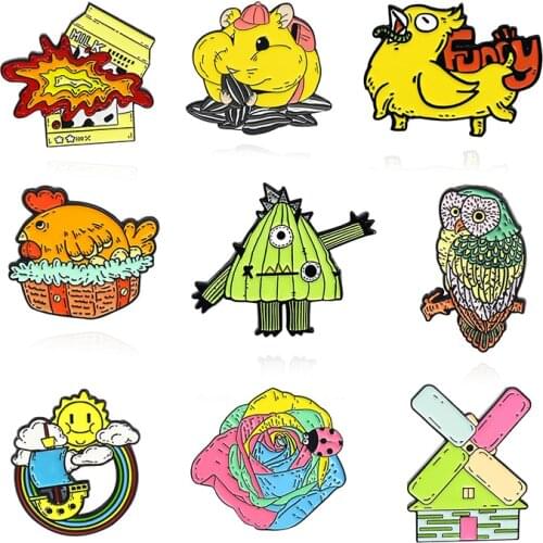 Exploding milk box windmill rainbow flower ship Brooches Sunflower seed hamster chicken egg owl scarecrow Pins Fun animals badge