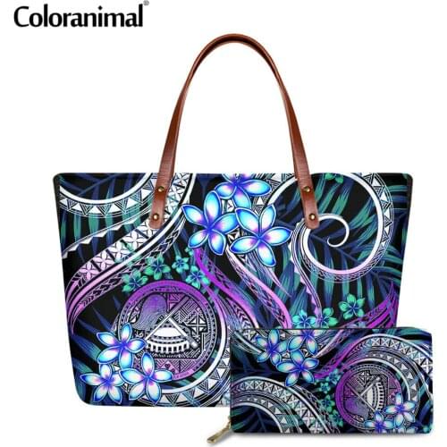 Coloranimal Samoan Polynesian Plumeria Printed Shoulder Bag for Women Large Tote Crossbody Bag 2Pcs/Set Messenger Bag&Wallet Hot