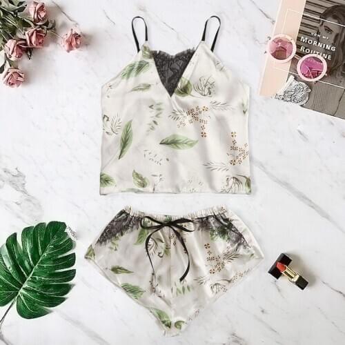 Women Satin Silk Bowknot Printing Camisole Shorts Set Sleepwear Pajamas Lingerie Sleeveless V-neck Backless Shorts High-waist