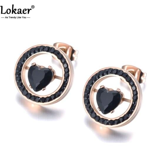 Lokaer Stainless Steel White & Black Clay Rhinestone Stud Earrings For Women Rose Gold Heart CZ Crystal Christmas Gift E19028