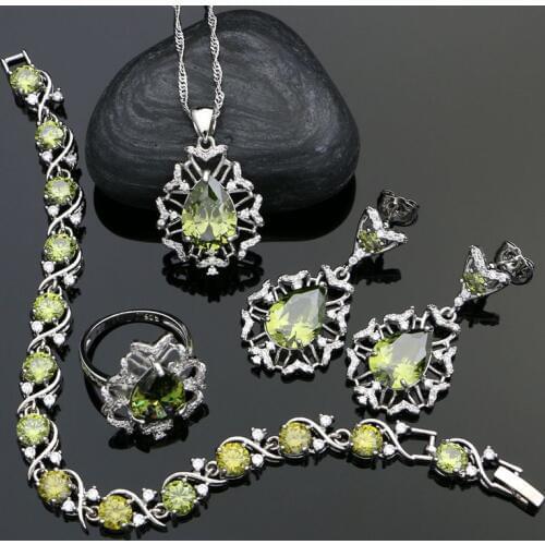 925 Sterling Silver Party Jewelry Sets For Women Decoration Olive Green Cubic Zirconia Earrings/Ring/Bracelet/Necklace/Pendant