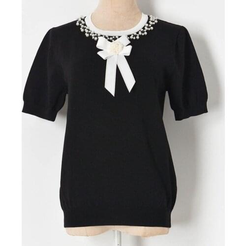 Summer Women Knit Top 2021 Fashion Cute Bows Pearl Beaded Short Sleeve Thin Sweater Shirt White Black Loose Knitwear