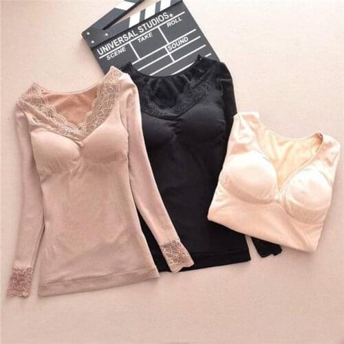 Women 2020 Autumn Winter Plus Velvet Thickening Thermal Underwear Female Built In Bra Casual Soft Breathable Bottoming Top E246