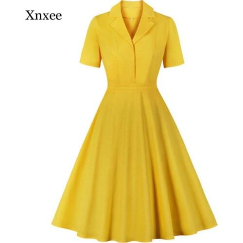 French Suit Collar Yellow Solid Vintage Style Shirt Dress Women Retro Cotton Summer Short Sleeve a Line Solid Elegant Clothing