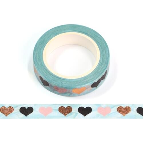 1PC 10MM*10M Foil Colorful Black Pink Yellow Heart Decorative Washi Tape Scrapbooking Masking Tape School Office Supply
