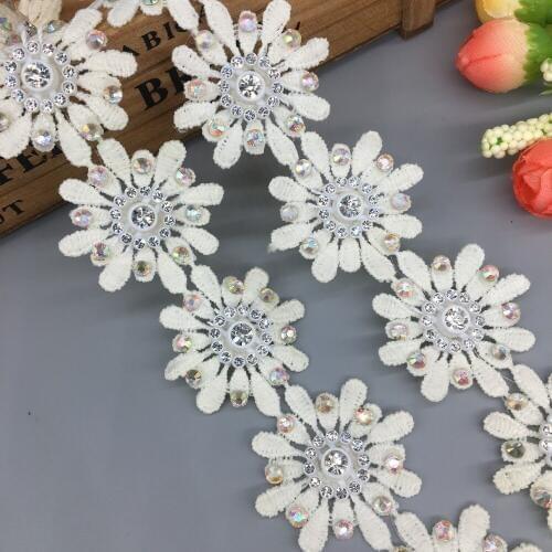 1 yard 3D Diamond Daisy Apricot Flower Lace Trim French Ribbon Fabric Handmade Embroidered Applique Garment Wedding Dress Sewing