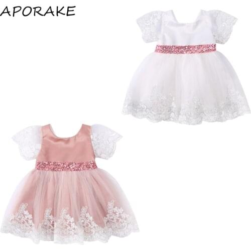 2021 0-5Y Princess Toddler Girls Dress Flower Lace Embroidery Mesh Short Sleeve Sequins Bow Tulle Tutu Princess Dress For Party