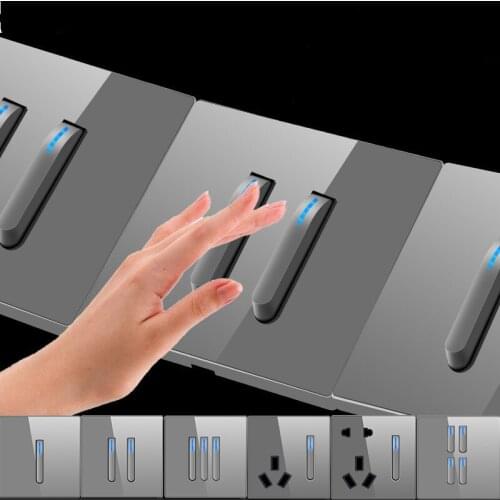 250V Trendy Design 86 * 92mm 1/2/3/4 Gang 1/2Way Grey Glass Panel Piano KeysAutomatic Reset Paddle Switch LED Indicator