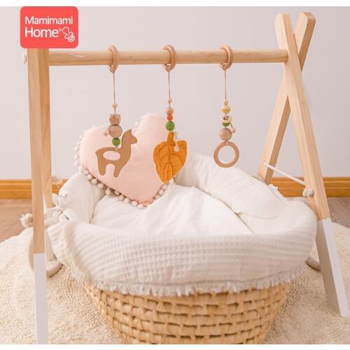 3pc Baby Wooden Teether Baby Play Gym BPA Free Wood Pendant Sensory Ring-Pull Beech Ring ChildrenS Goods Crib Rattle Toys Gifts