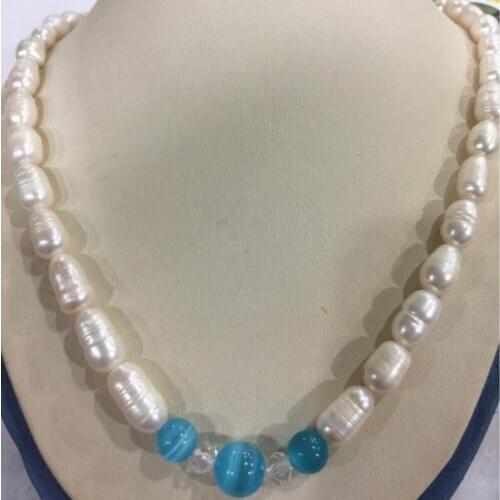 7-8mm akoya freshwater Rice pearl &blue opal necklace