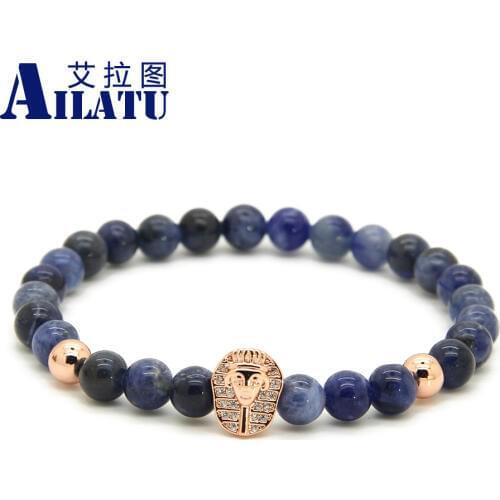 Ailatu 6mm Blue Veins Stone Men and Girls Summer Jewelry Tutankhamun CZ Beads Pharaon Bracelet Pulseira Hombres