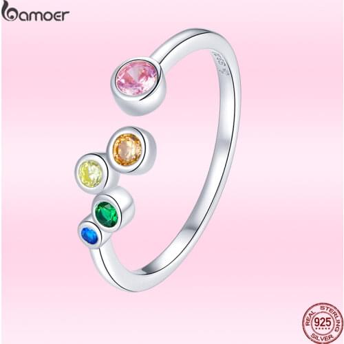Bamoer Sterling Silver 925 Signet Ring Colorful Bubbles Open Finger Rings for Women Free Size Korean Style Jewelry GAR149