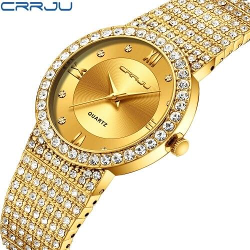 CRRJU 2207 New Mens and Womens Couple Watches Womens Watches Female Gold Diamond Watches Gypsophila Diamonds Watch Gift