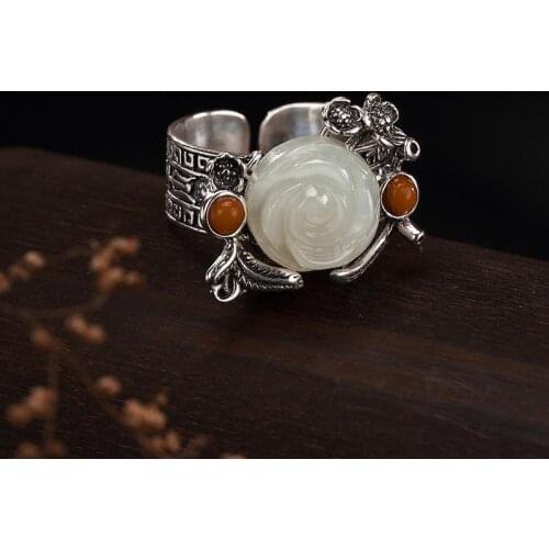 Antique Style S925 Sterling Silver Vintage Inlaid Hetian Jade White Jade South Red Rose Lady Silver Ring with Opening Personali