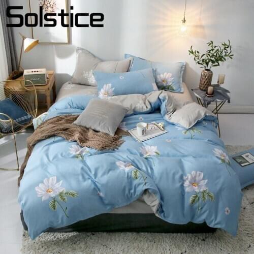 Solstice Home Textile Girl Child Adult Woman Bedding Linens Set Blue Flower Duvet Cover Pillowcase Gray Flat Bed Sheet Full 4Pcs