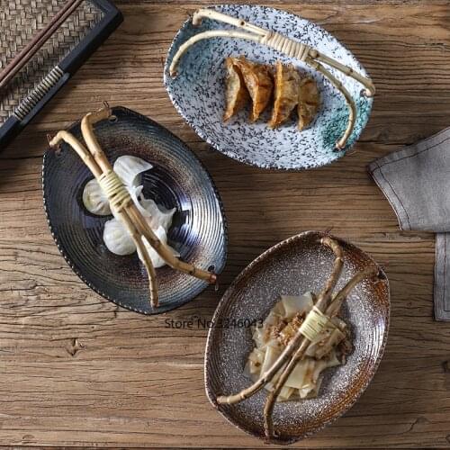 Creative Japanese ceramic plate sushi shop hotel tableware set plates portable bamboo hanging plate fruit basket dinner plates
