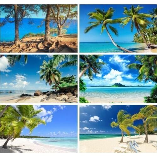 Laeacco Summer Landscape Photography Backgrounds Blue Sky White Clouds Sea Beach Palms Tree Baby Portrait Photo Backdrops Studio