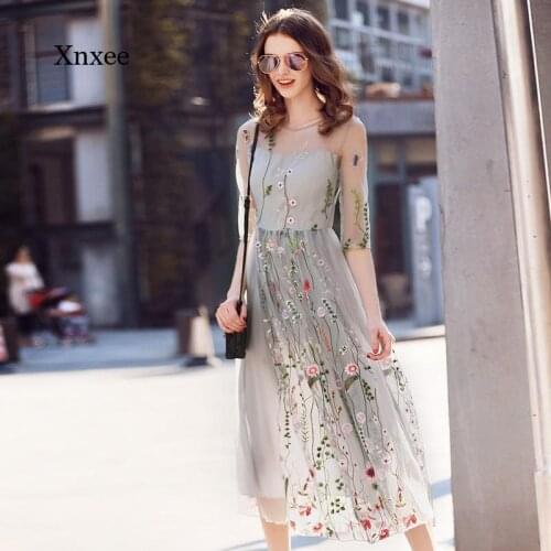 Summer Womens Embroidered Bohemian Flower Embroidered Evening Dress Evening Dress Flower Skirt Gorgeous Half Sleeve Sheer Long