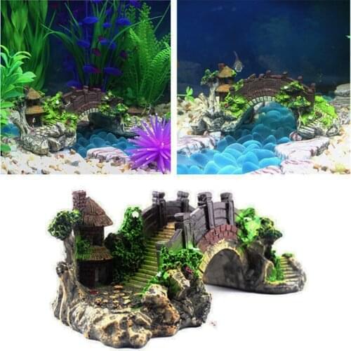 Bridge Aquarium Fish Tank Vintage Decorative Landscape Ornaments Pavilion Tree Plants Resin Design Pet Supplies Home Decorations