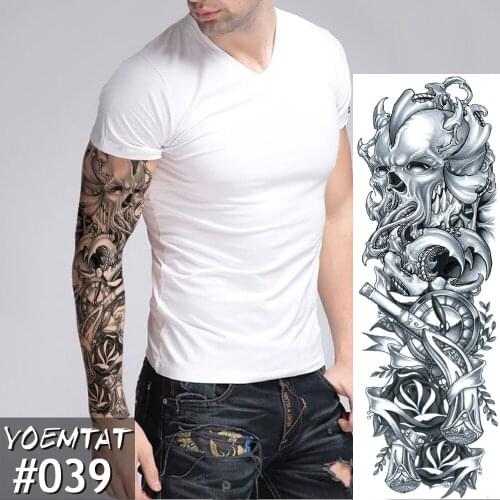 New 1 Piece Temporary Tattoo Sticker Skull clock Full Flower Tattoo with Arm Body Art Big Large Fake Tattoo Sticker