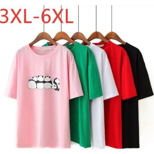 New 2021 Ladies Summer Plus Size Tops For Women Large Short Sleeve Cotton Pink Print Cartoon O-neck T-Shirt 3XL 4XL 5XL 6XL