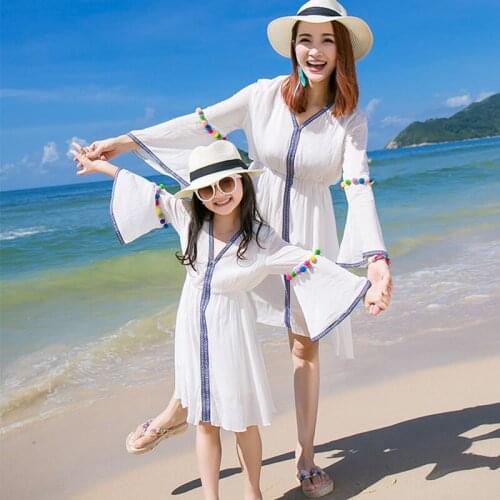 Mother daughter dresses family look girl and women white matching family dresses summer mommy and me clothes bohemian beachwear