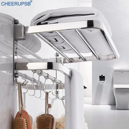 Stainless Steel Bathroom Bath Towel Holder Polished Brush Towel Hanger Movable Bright Rack Balcony Folding Support Towel Shelf