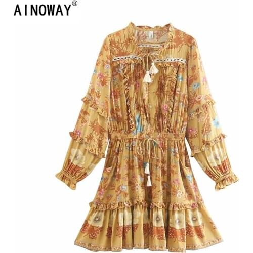Vintage chic women floral print long sleeve tassel ruffles beach Bohemian mini dresses Ladies loose rayon Boho dress