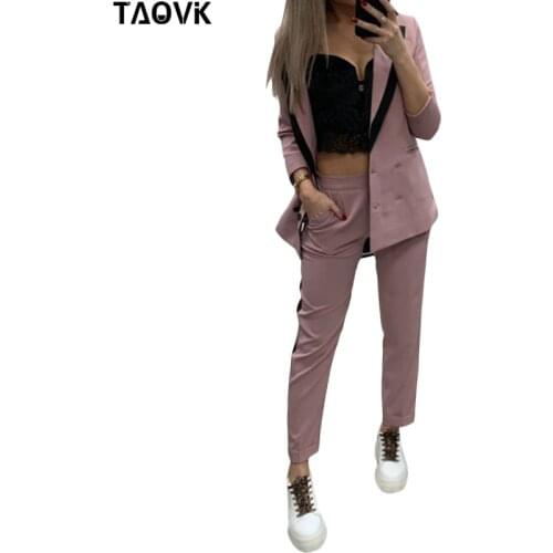 TAOVK Work Pant Suits OL 2 Piece Set for Women Colorblock Collar Double Breasted Blazer and Straight Pants Office Lady Suit