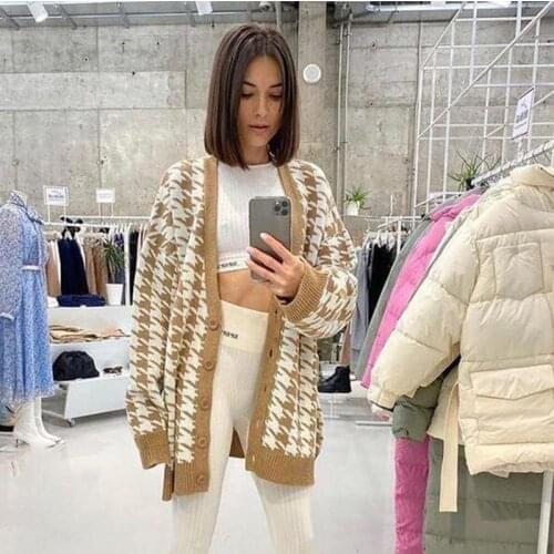 Foridol Oversized Houndstooth Print Vintage Long Cardigan Female Autumn Winter Khaki Knitted Sweater Plus Size Cardigan