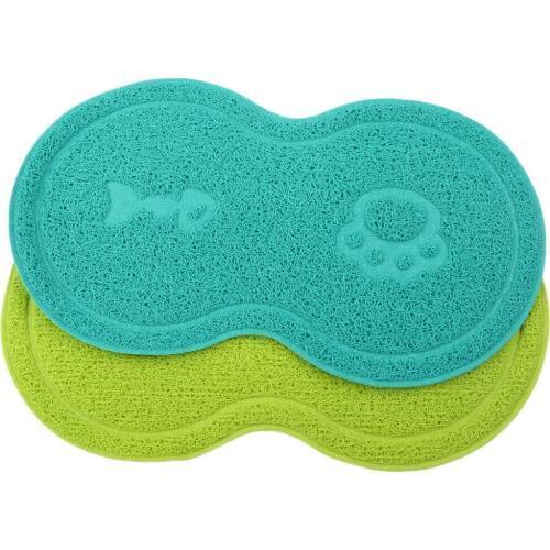 "8" Shape PVC Dog Cat Bowl Mat Pad Feeding Water Food Dish Tray Wipe Clean Floor Placemat Green/Blue