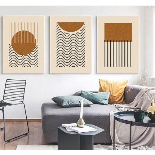 Abstract Sun Canvas Painting Orange Vintage Wall Art Print Lines Stripes Poster Minimalist Wall Pictures Living Room Home Decor